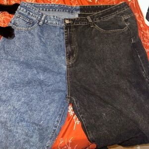 SHEIN Contrast Blue and Black Straight Leg Jeans